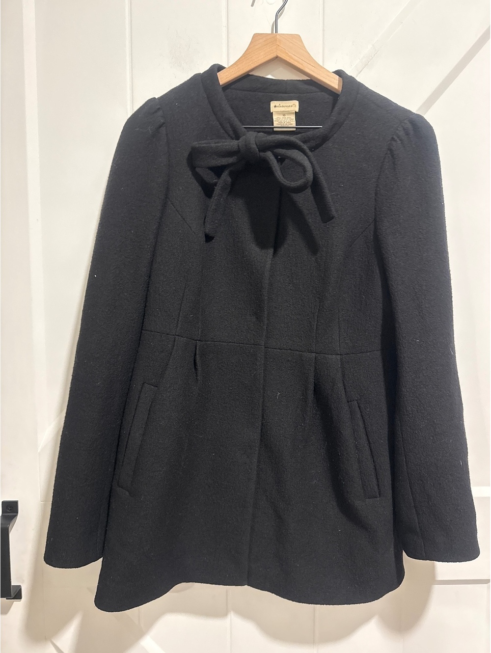 Anthropologie Elevenses Women's Black 100% Wool Coat with Bow Tie Collar Size 10